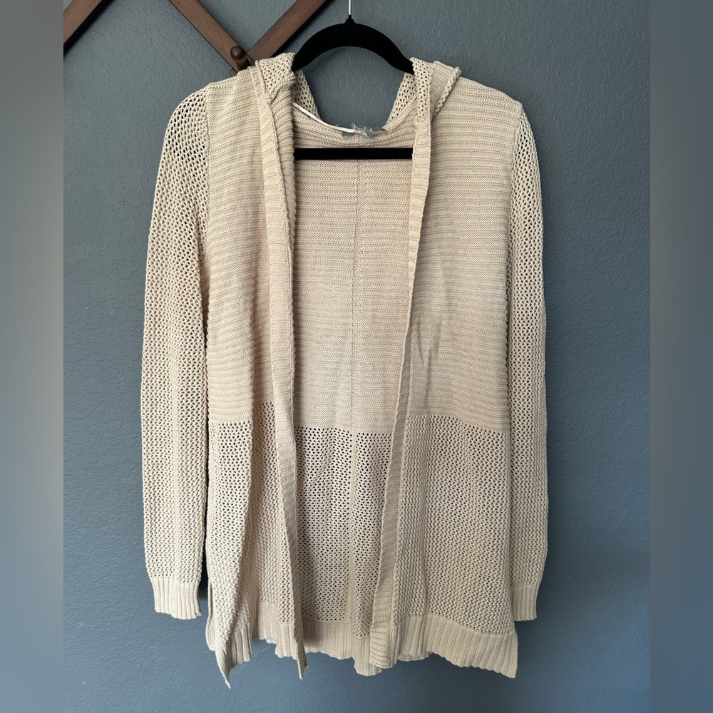 Marled Open Front Neutral Knit Cardigan With Hoodie Size Small‎ Great Condition